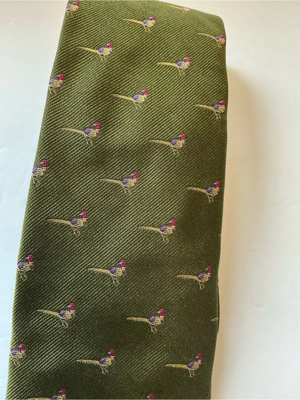 Polo Ralph Lauren Green Silk Necktie, Pheasants, Hunting, Made in Italy